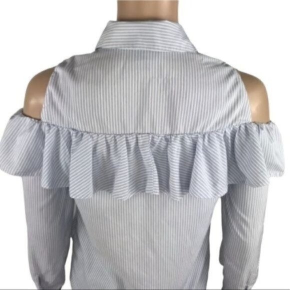 Topshop Cold shoulder Ruffled striped button down collared shirt 4 - Picture 5 of 7